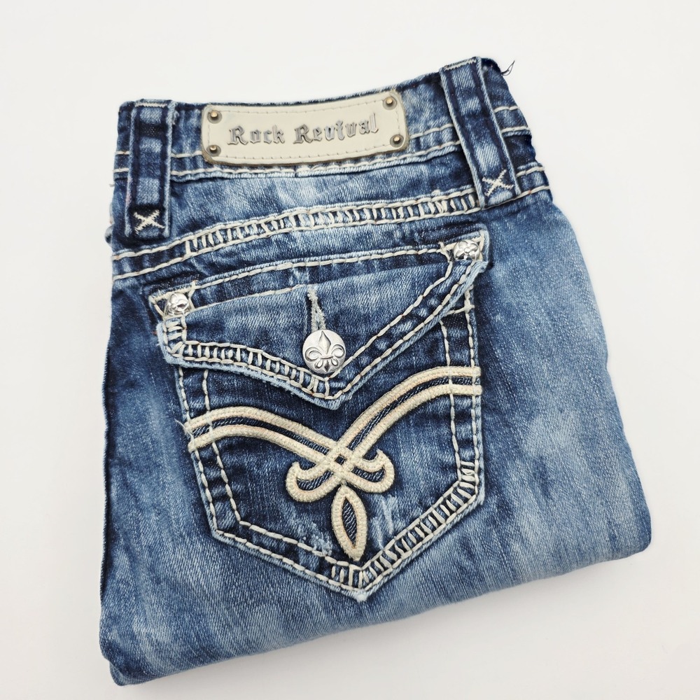 Rock Revival Elaina Jeans Buckle Womens 28X31 Blue Easy Boot Denim Distressed‎